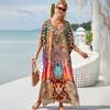 Plus Size Boho Cover Up, Women's Plus Painting Print Bat Sleeve V Neck Split Hem Maxi Cover Up Dress