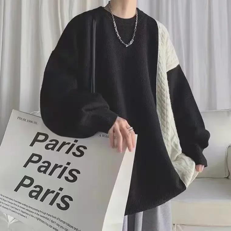 Контрастный свитер в стиле ретро в Гонконге — модная свободная вязка для мужчин на осень/зиму