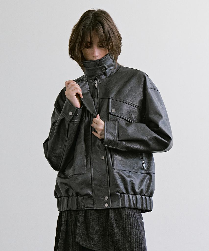 TREEMINGBIRD Diagonal Leather Blouson Jumper [ Gray ]