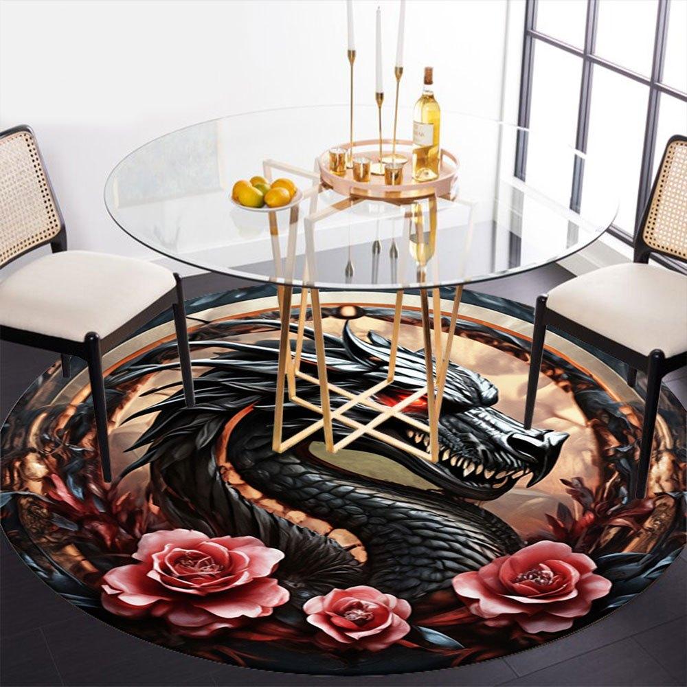Fantasy Dragon with Roses Circular Wall Art PrintRound Non-Slip chair mat chair carpet for office Rugs for Office Decor Gift For Valentine's Day Mothe