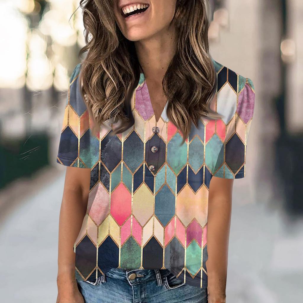 Женская модная повседневная футболка с цветными блоками и принтом в виде V-образного выреза с коротким рукавом и пуговицами