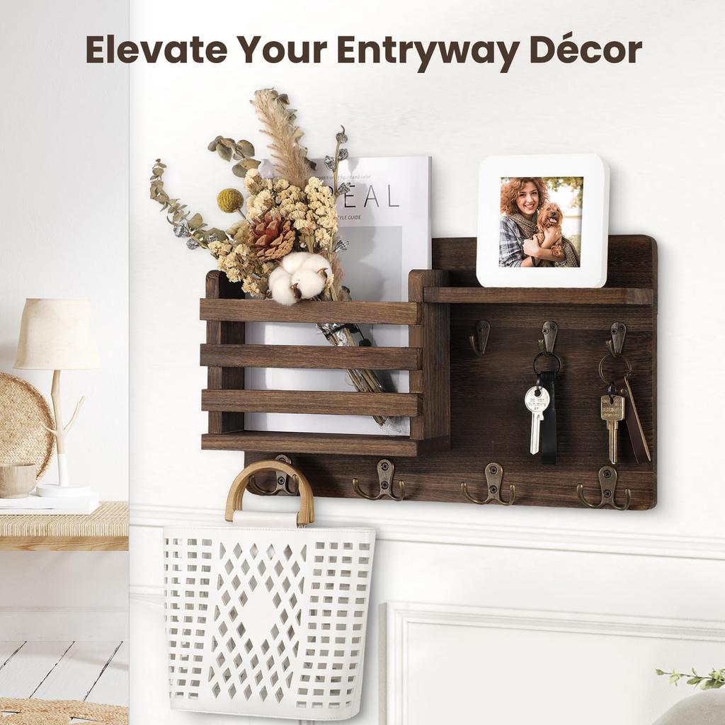 Mail Organizer for Wall Mount Rustic Wood with Key Hooks Hallway Farmhouse Decor Letter Sorter with Floating Shelf