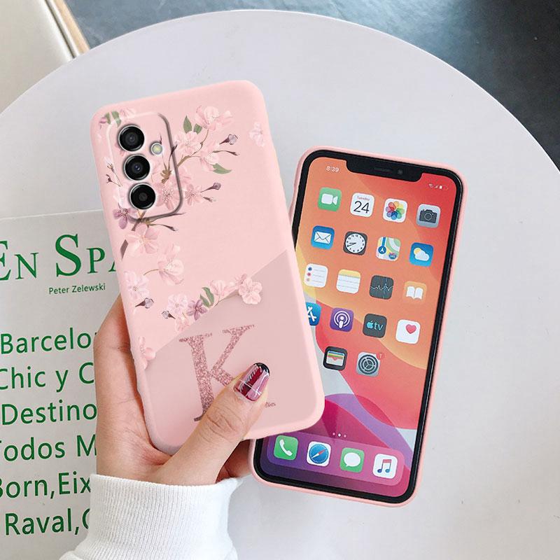 Initial Letter A Z Case For Samsung Galaxy M23 F23 5G Cover Pink Flowers Soft Silicone Back Funda For Samsung M 23 Coque Bumper