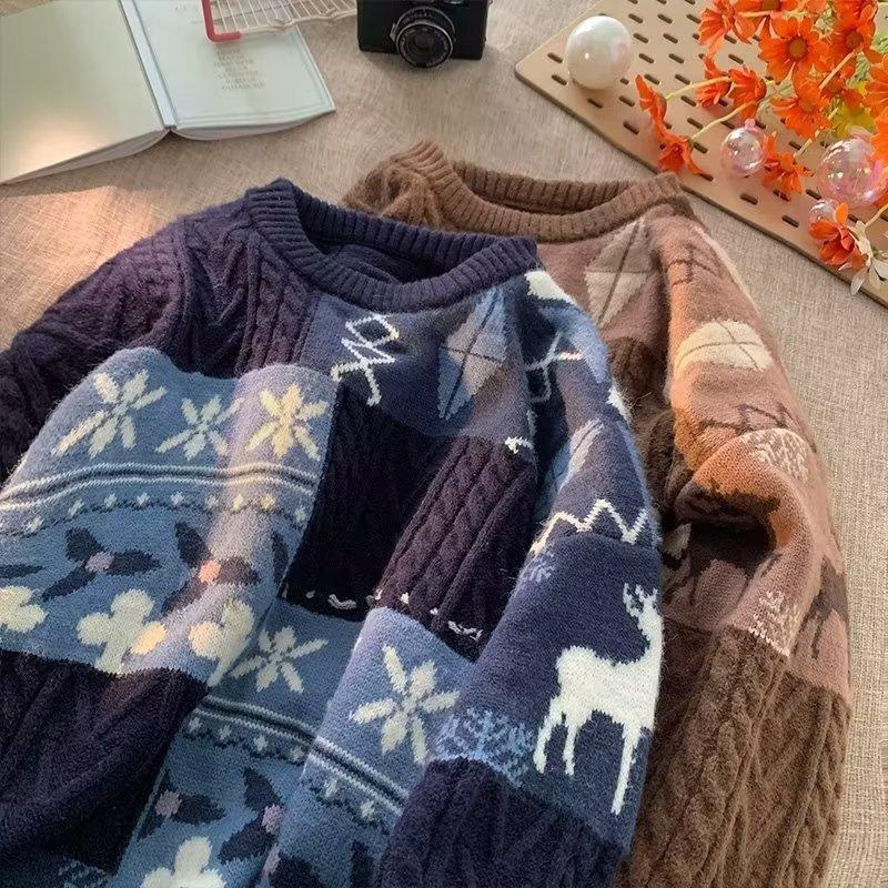 Sweater Men's Winter Thickened Lazy Base Knit Retro Stitched Warm Loose Thread Jacket