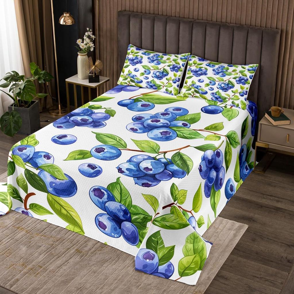 Cartoon Blueberry Bedspread Summer Tropical Fruit Quilted Coverlet Watercolor Botanical Leaves Flower Bedding Set for Teen Adult