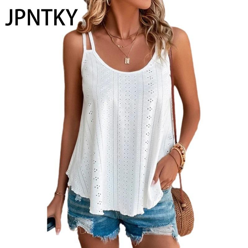 JPNTKY Women's Fashion Casual Summer Solid Color Print Sleeveless U-Neck Blouses & Shirts