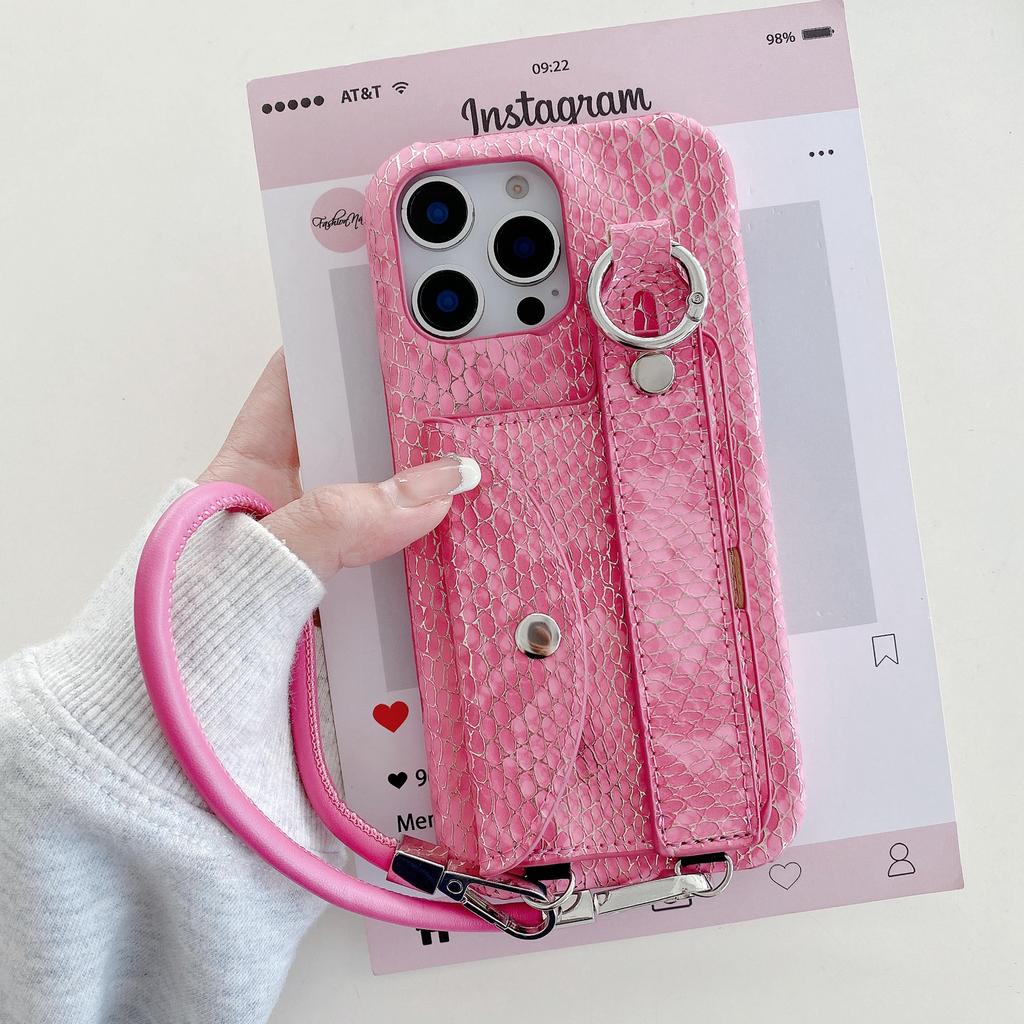 Чехол для iPhone 15 Pro с держателем для карт, ремешком на запястье, лакированной текстурой змеи, задняя крышка из ПУ+ПК со шнурком