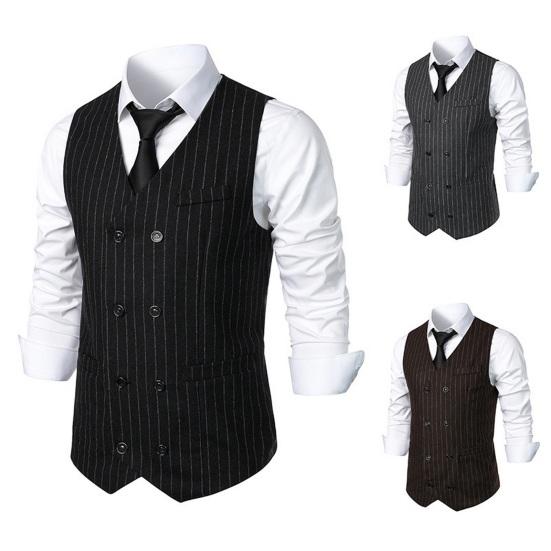 Men Suit Waistcoat V-Neck Sleeveless Striped Print Double Breasted Suit Vest with Patch Pockets Wedding Business Vest