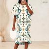 Women Plus Size Geometric Printed Round Neck Batwing Short Sleeve Ruffle Hem Top Fishtail Skirt Two Piece Set