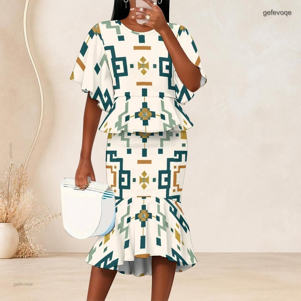 Women Plus Size Geometric Printed Round Neck Batwing Short Sleeve Ruffle Hem Top Fishtail Skirt Two Piece Set