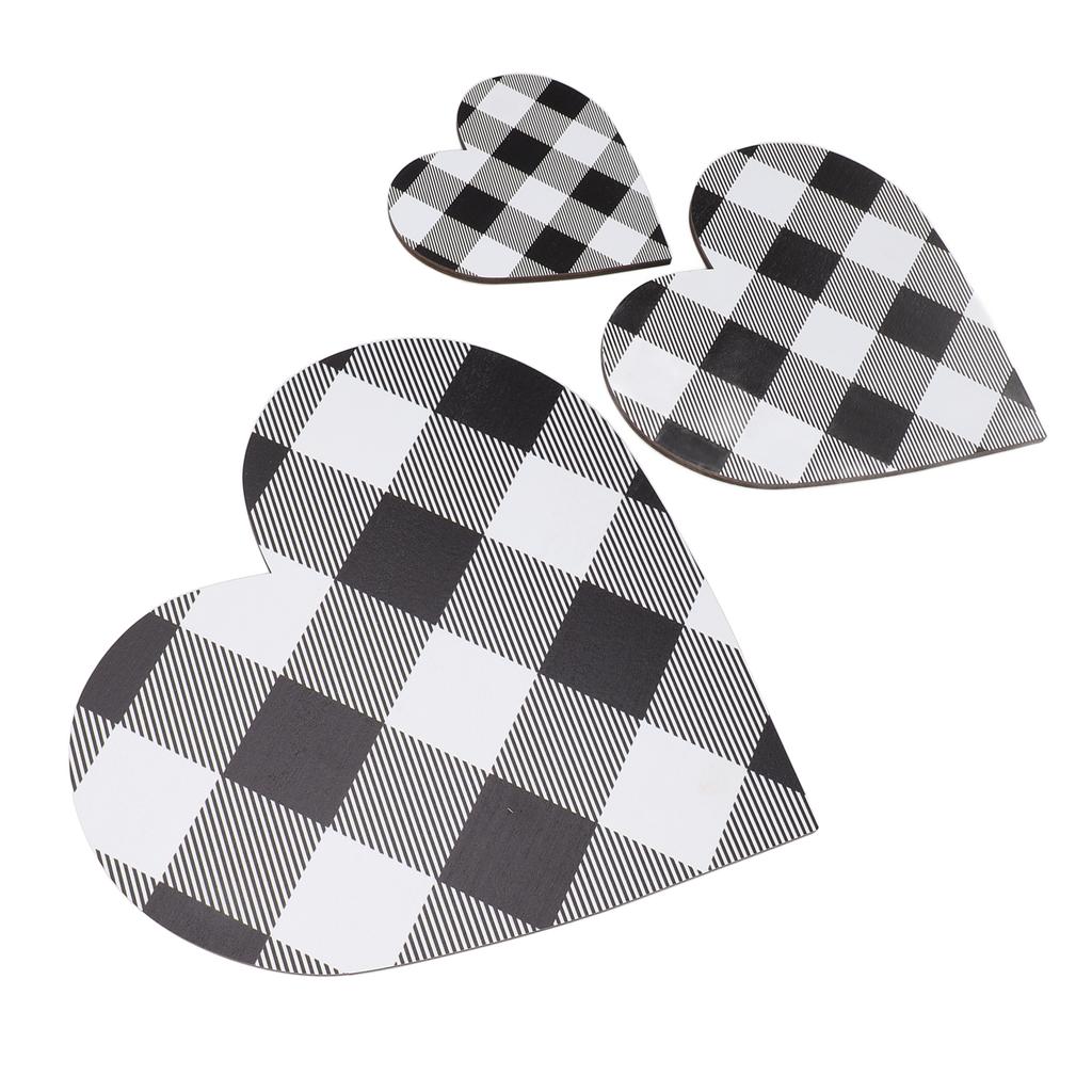 3Pcs Heart Shaped Wood Sign Plaid Wooden Wall Decor Rustic Hanging Plaque for Kitchen Bedroom Bathro