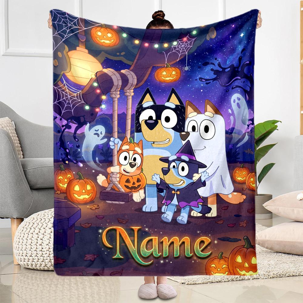 Halloween Bluey Party Personalized Name Blanket Cozy Personalized Blanket Ultra-Soft for Livingroom Seaside Living Room Chair Ideal for All Seasons
