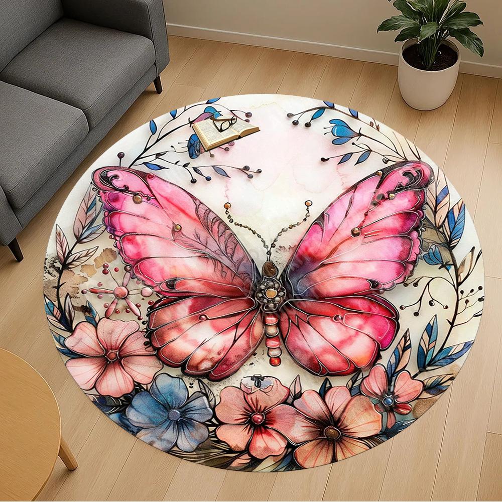 1PC Butterfly Flowers Office Round Area Rug, Under Office Chairs Bedroom Living Room Home Decor, Carpet for Office -1110013
