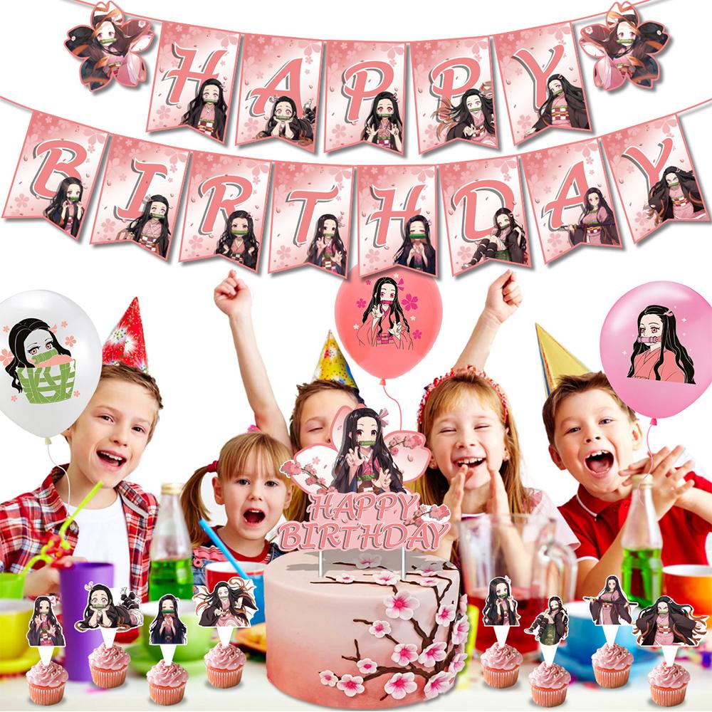 43 шт., принадлежности для вечеринок «Убийца демонов Незуко», в комплект входят воздушные шары-топперы для торта с баннером