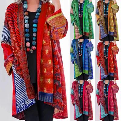 Женская мода Повседневная рубашка с принтом в стиле бохо Пальто Свободный кардиган с длинным рукавом Карманный топ