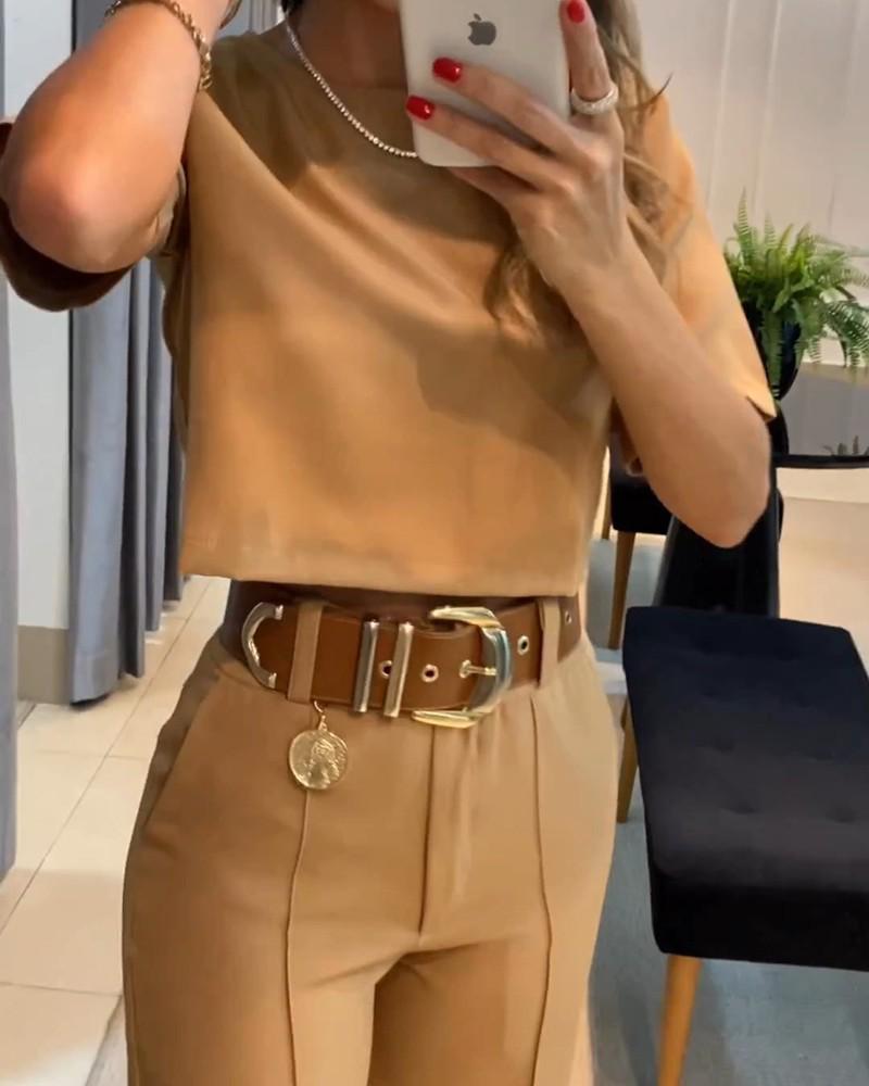 Европейский и американский женский однотонный комплект кэжуал: футболка с круглым вырезом и короткими рукавами и брюки широкого кроя