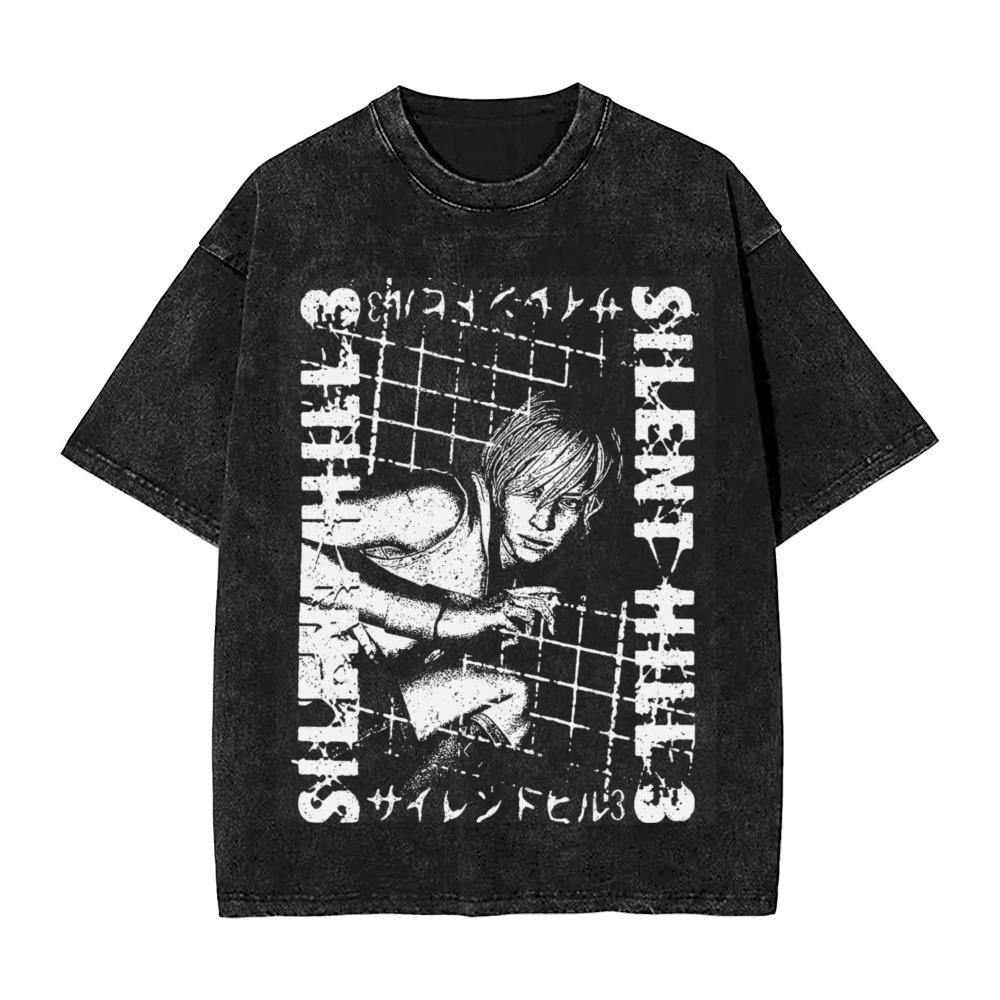 Washed T-shirt Horror Silent Hill Paradise Night Hip-hop T-shirt Street Street Short-sleeved Printed Top Men