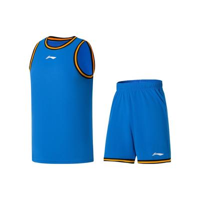 Баскетбольная майка Li Ning Sports с логотипом и принтом в полоску, круглый вырез, шорты, комплект для баскетбола, мужской баскетбольный комплект Beijing-Blue AATS003-8