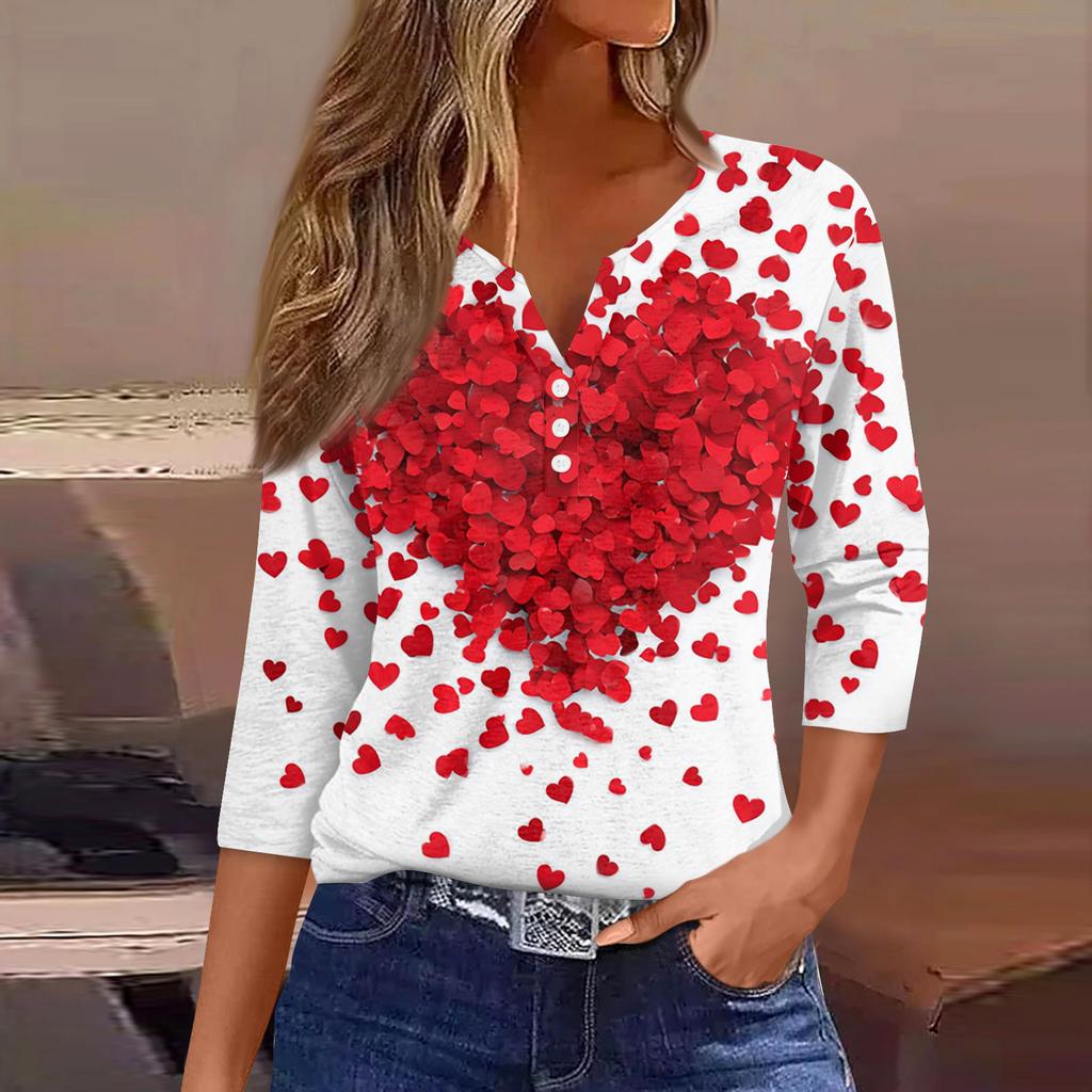 Жен. Футболка Футболка С принтом Пуговицы Рукав 3/4Ежедневно Выходные Мода Классический Топ с v-образным вырезом Обычный