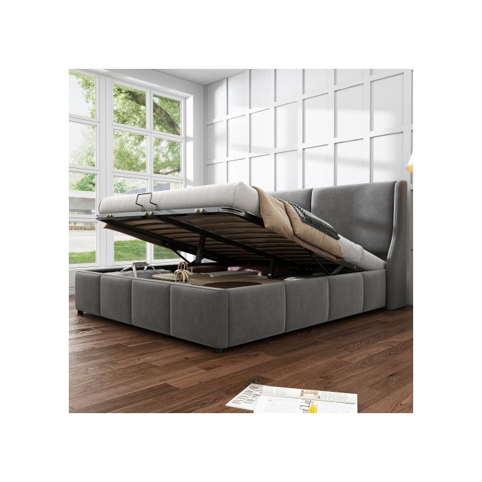 Мягкая кровать, форма уха, изголовье, двуспальная кровать, функциональная гидравлическая кровать, 140 x 200, серый