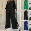 Women's Cotton Linen 2 Piece Outfit Button Down 3/4 Sleeve Shirts And Slit Wide Leg Pants Set Casual Loose Lounge Tracksuit