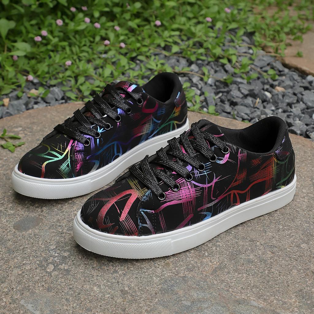 Fashion 2025 New Fashion Flat Sneakers for Women, Thick-soled, Graffiti Color-blocking Casual Single Shoes Zapatos De Mujer