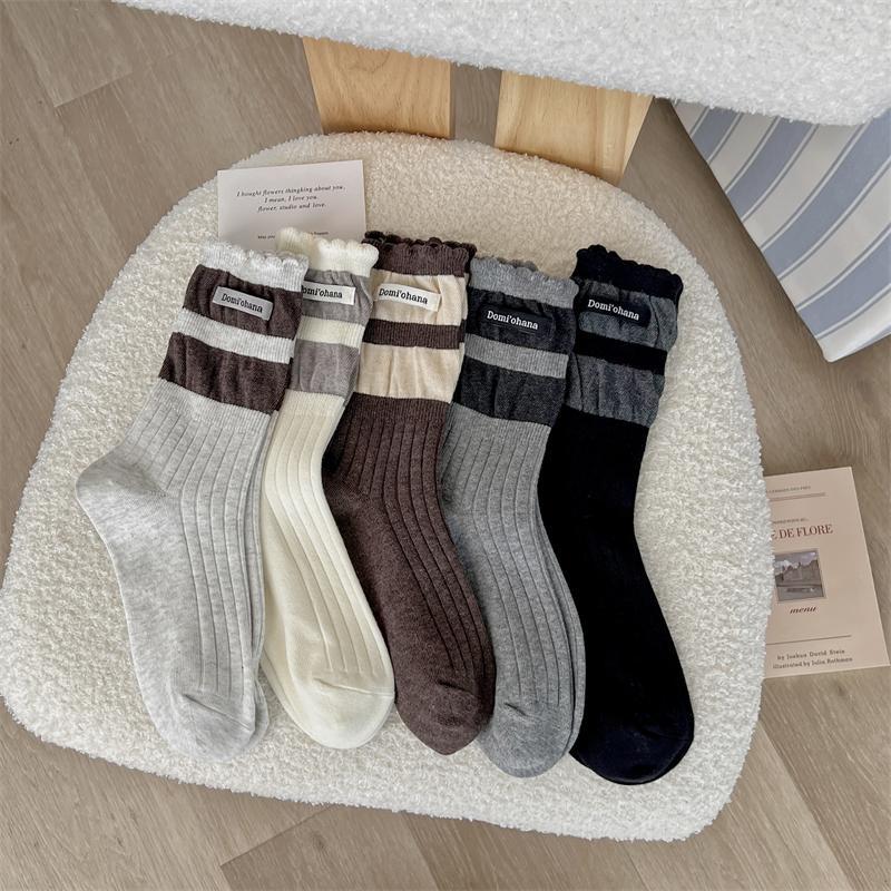 Female Autumn Winter Letter Cloth Label Sweet Fungus Lace Bubble Mouth Tube Stack Socks