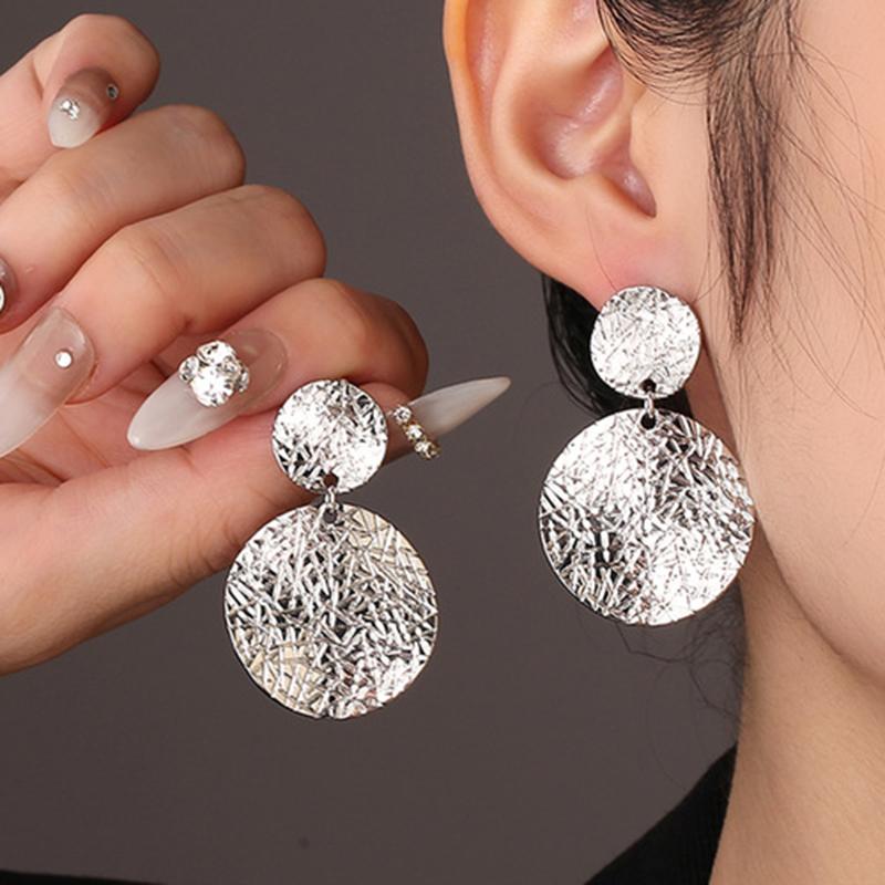 Retro Mottled Patterned Round Dangle Earrings for Women Ladies Temperament Elegant Gold Silver Color Stud Earrings Jewelry Gift