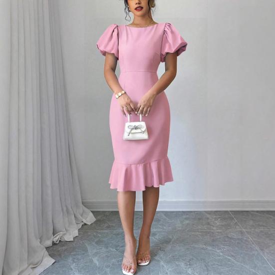 Женские облегающие платья с короткими пышными рукавами, платье миди с круглым вырезом и оборками, юбка «русалка», коктейльное платье для гостьи на свадьбу