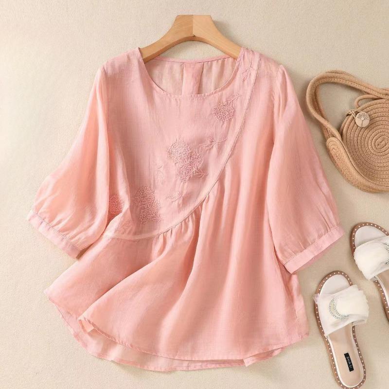 Футболка с пятью рукавами для женщин на лето, однотонная, художественная ретро-вышивка, маленькая рубашка из хлопка и льна, свободный верх