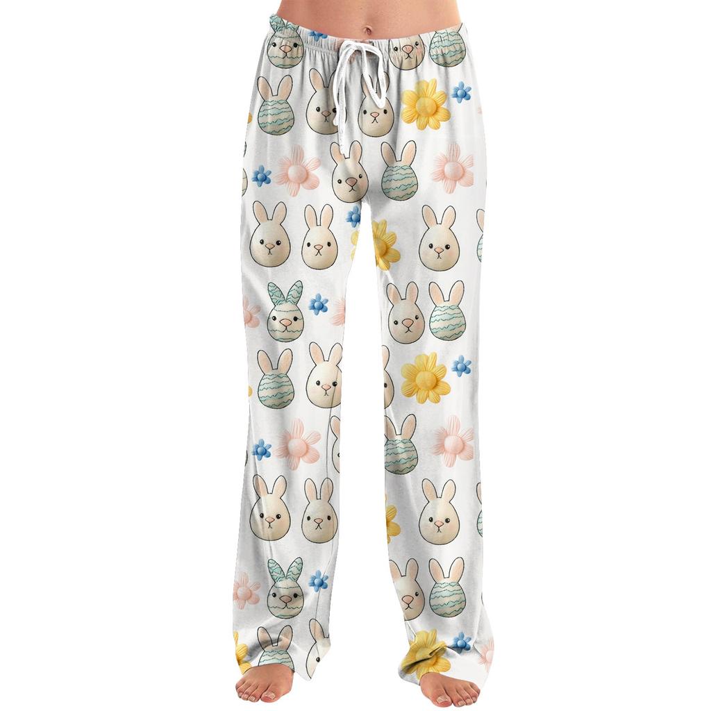 Womens Pajama Pants Sleepwear Casual Drawstring Elastic Waist Pants Comfy Straight Yoga Loose Trousers Easter