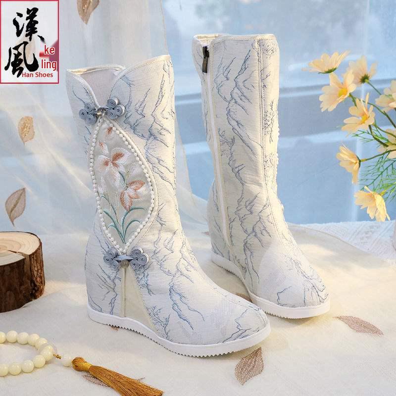 Вышитые зимние сапоги до колена в стиле ханьфу: Этнический стиль, Плюшевый хлопок, Внутреннее увеличение высоты