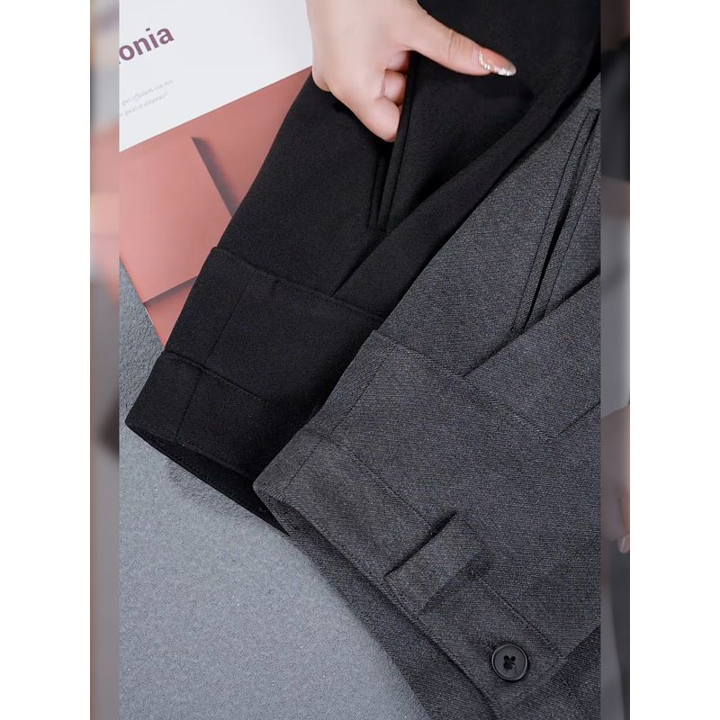 Серый костюм с широкими брюками для женщин 2026 Новый Осенне-Зимний Флисовая подкладка Свободные Утягивающие Повседневные Брюки Изогнутые Шерстяные Брюки