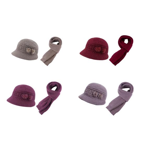 2Pcs/Set Women Hat Scarf Set Solid Color Flower Decor Elastic Knitting Basin Hat Warm Long Scarf Set Cold Weather Accessories