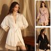 Private Sexy Pajamas, Women's Long-sleeved Satin Lace Lace-up Nightgown and Robe