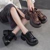 Genuine Leather Thick Soled High Heel Pumps Versatile Retro Round Toe Lace-up Women's Platform Shoes