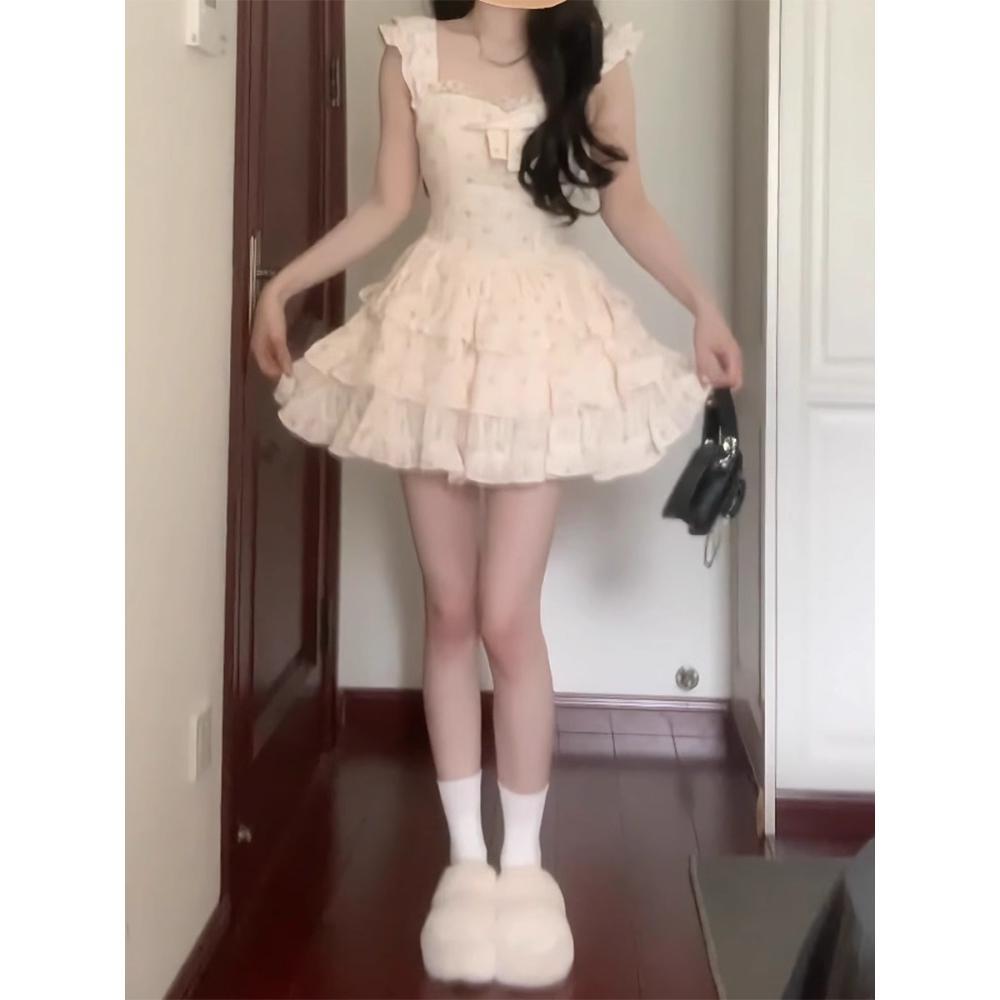 Xiaofei Sleeve Floral Dress Women's Casual Summer New Sweet Little Princess Cake Dress Waist Fluffy Dress