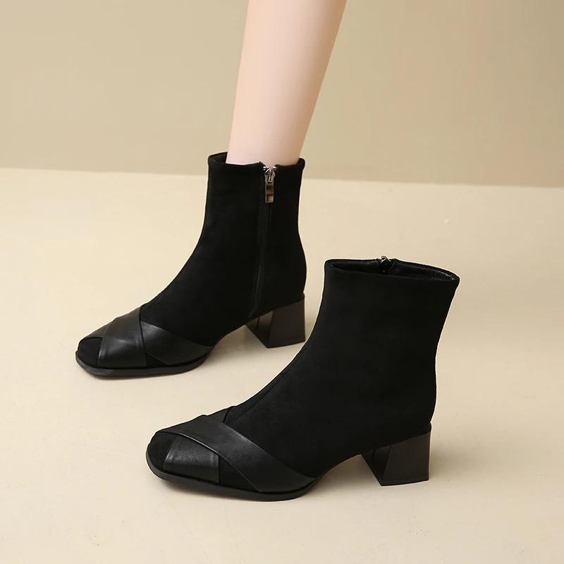 2024 Высококачественная женская обувь, женские ботильоны, модные женские туфли с боковой молнией для офиса и карьеры, новые туфли с квадратным носком для женщин, Zapatos