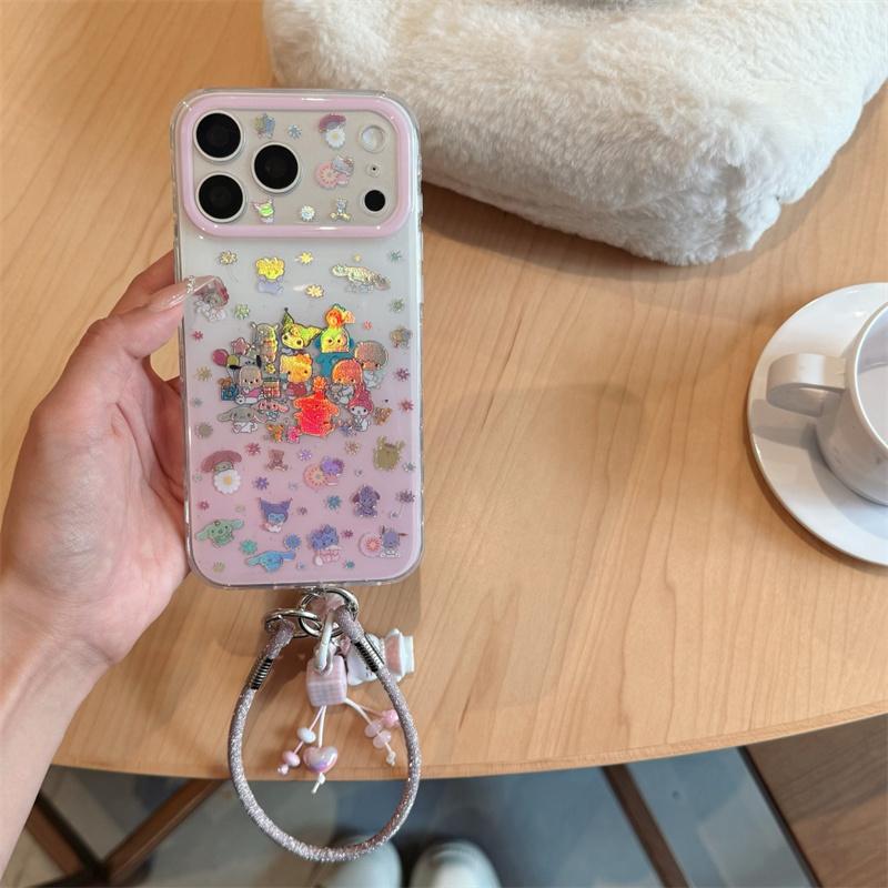 Matching Hello Kitty Charm Wrist Strap Print Phone Case For iPhone 15 16 17 Pro Max INS Cute Sweet Style Large Window Shockproof