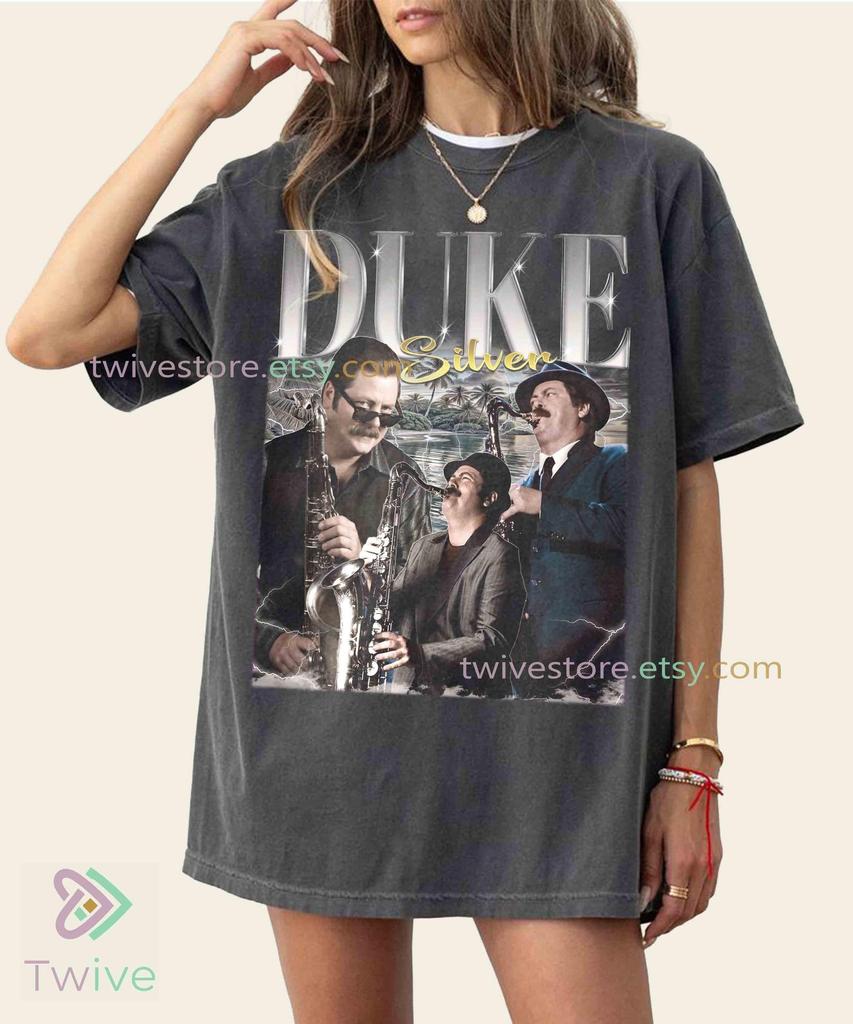 Винтажная серебристая футболка Duke, одежда для фанатов «Парков и зон отдыха»
