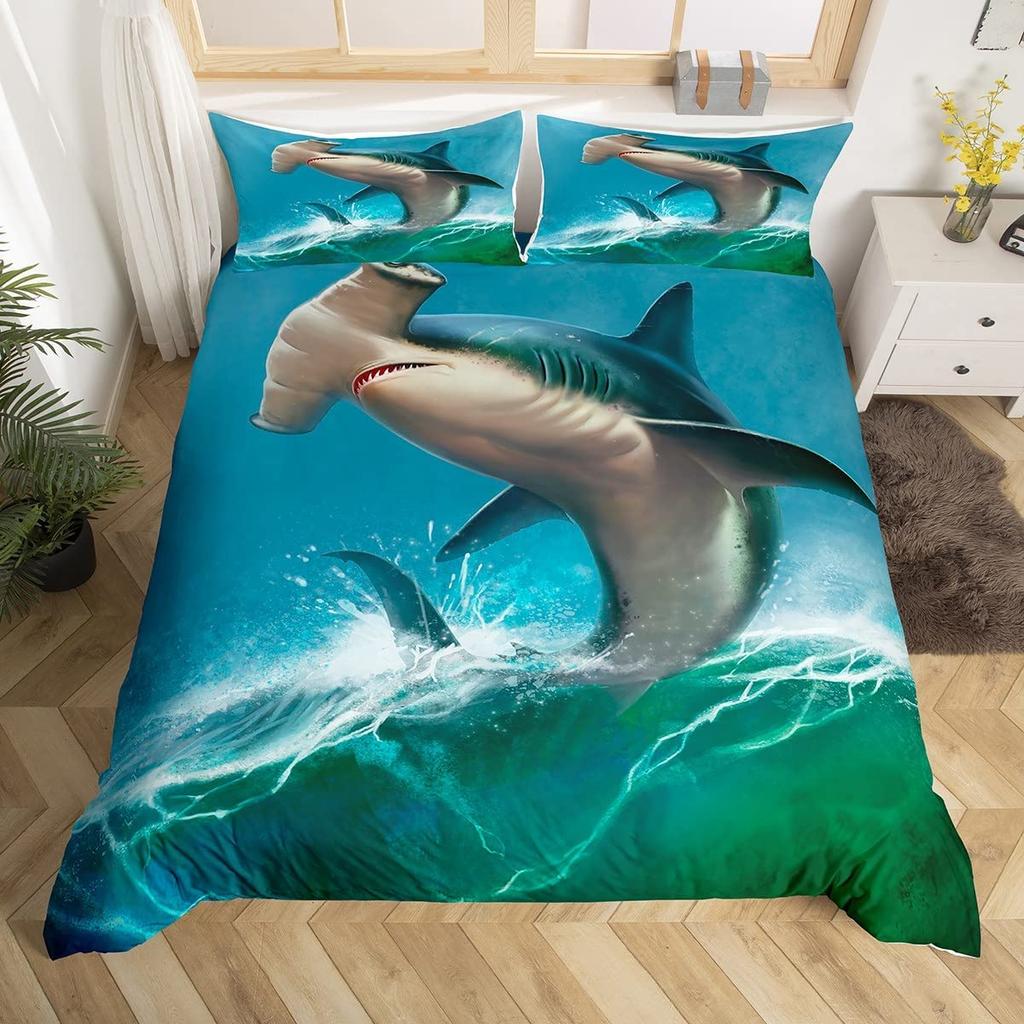 Пододеяльник с изображением акулы, комплект постельного белья с изображением глубоководных животных, мультяшные акулы океана, красочный нарисованный вручную пододеяльник для детей, мальчиков и девочек