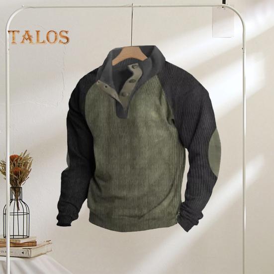 Весна Осень Мужская Толстовка Цветные Блоки Пэчворк Ретро Стиль Полуоткрытый Воротник-стойка Топ Плюс Размер Свободный Длинный Рукав Топ Повседневная Жизнь Офис