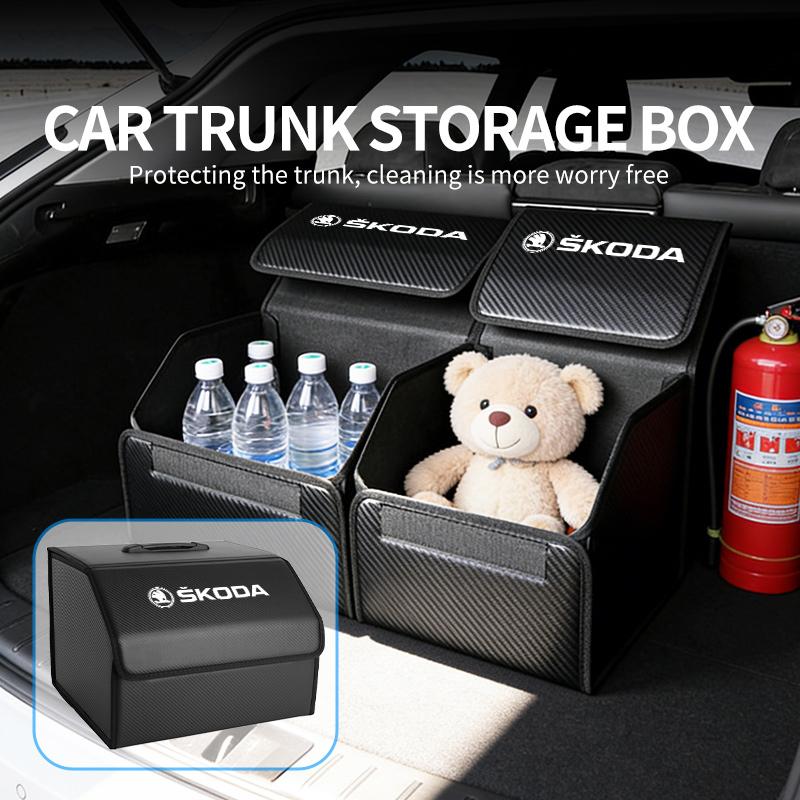 For Skoda Leather Car Trunk Storage Box Multifunctional Tool Organizer Bag VRS Octavia 1 2 3 Rapid Kodiaq Karoq Fabia Kamiq JA5