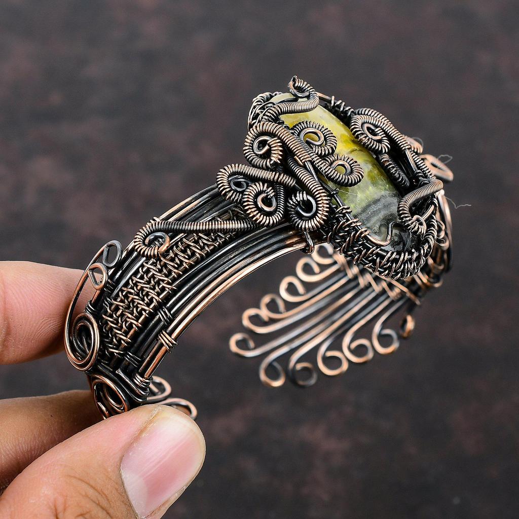 Браслет-манжета из яшмы с шмелем, медная проволока, браслет, драгоценный камень, медные украшения, регулируемый браслет ручной работы, свадебный подарок, ювелирные изделия из проволочной обмотки