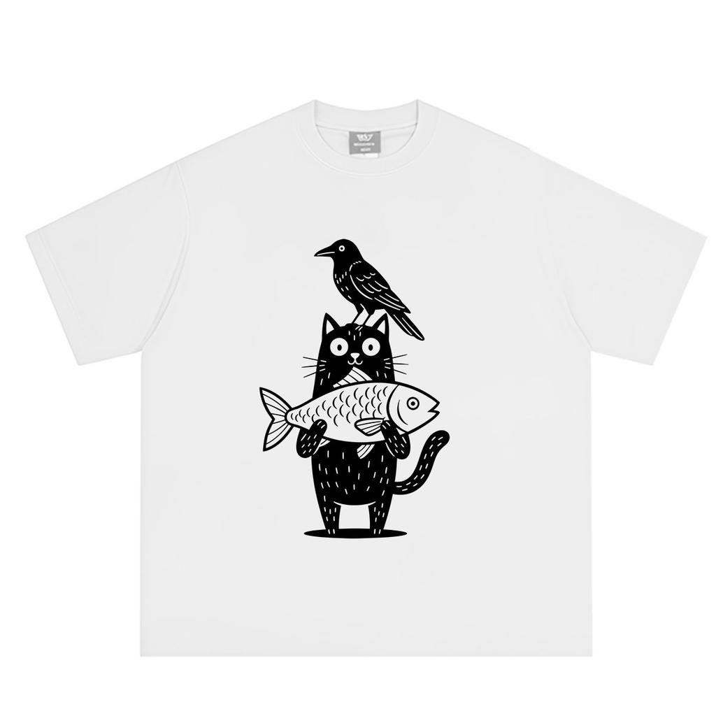 Cartoon Cat And Crow Fish Funny Meme Tshirt Unisex Unisex Vintage Fashion Tshirt Summer Shortsleeved Loose Casual Cotton Tshirts