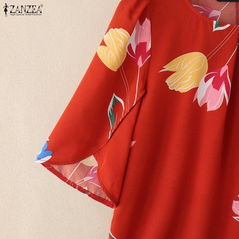 ZANZEA Женская повседневная блузка с круглым вырезом, свободного кроя, с принтом и рукавами до локтя