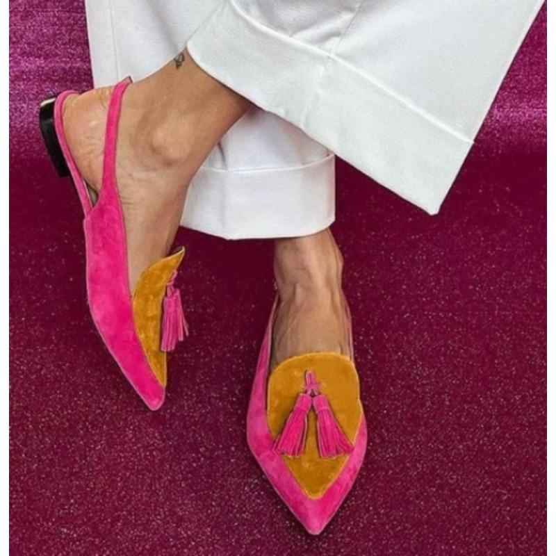 Новый стиль Популярные летние туфли женские с цветными блоками 34-43 Большие Остроносые с кисточками Низкий каблук Задние воздушные сандалии Высокие каблуки Женская обувь