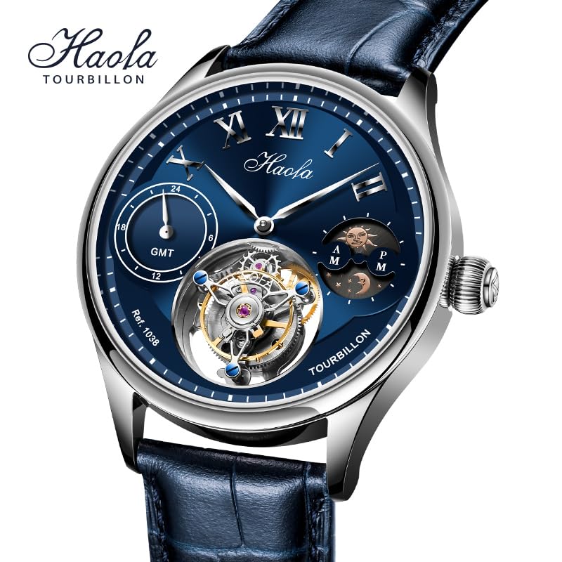 Часы HAOFA Tourbillon Mechanical Day and Night GMT с ремешком из натуральной кожи, стильные водонепроницаемые роскошные часы, популярный подарок для мужчин, мужские