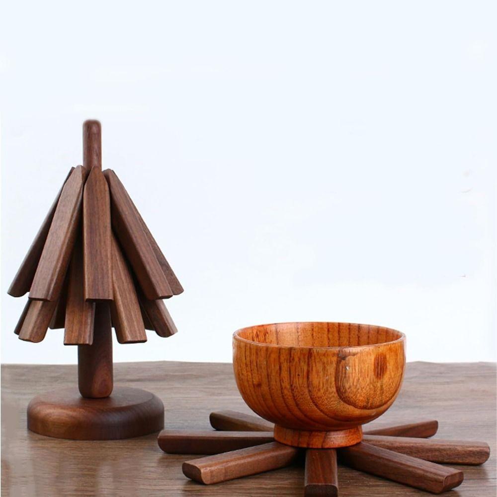 Foldable Wooden Trivet for Hot Dishes Non-Slip Placemats Ornaments Walnut Tree Table Mat Set  Pot