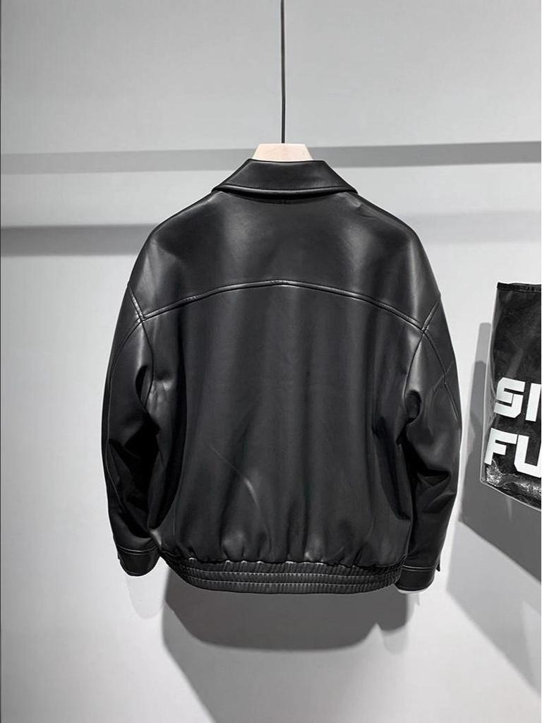 Мужская модная кожаная куртка slim fit высокого класса 2025 года - Весна/Осень, с лацканами, однотонная